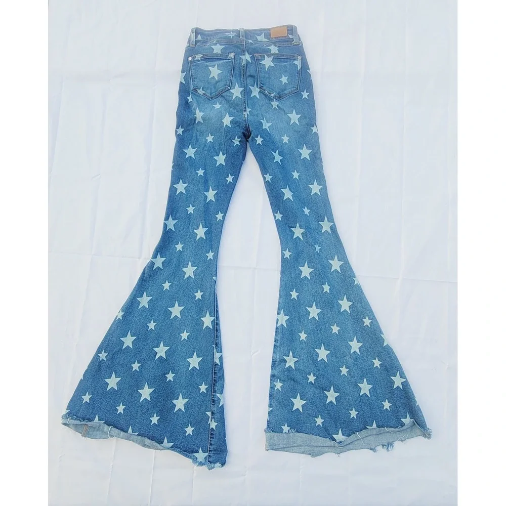 Judy Blue Women's Super Flare Bell Bottom Jeans Sz 1/25 Blue Star Print